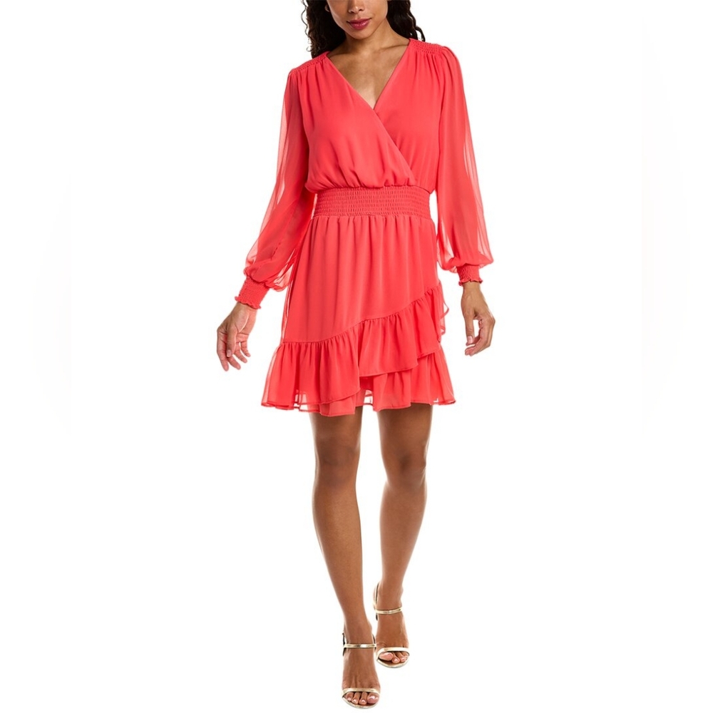 Vince Camuto Women's Long Sleeve Ruffle Hem Dress, Coral Red, Size XS